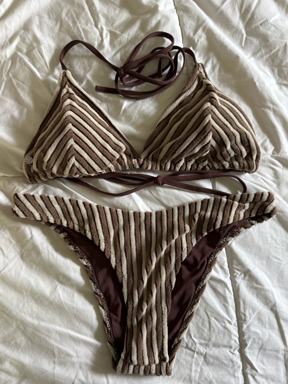 Rhythm. Brown and Cream Textured Stripe Triangle Bikini